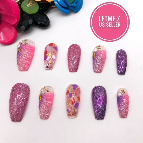 Press on Nails Glue On Long Coffin 3D Mermaid Pink - Picture 4 of 6